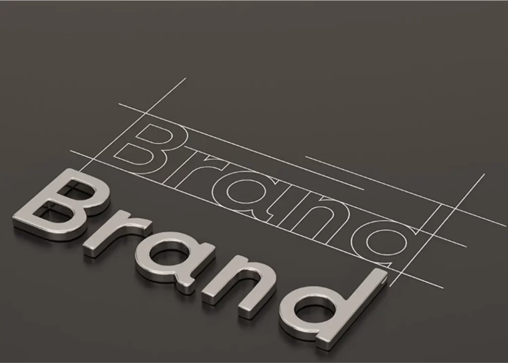 Brand written with metallic letters and outline of brand letter on base